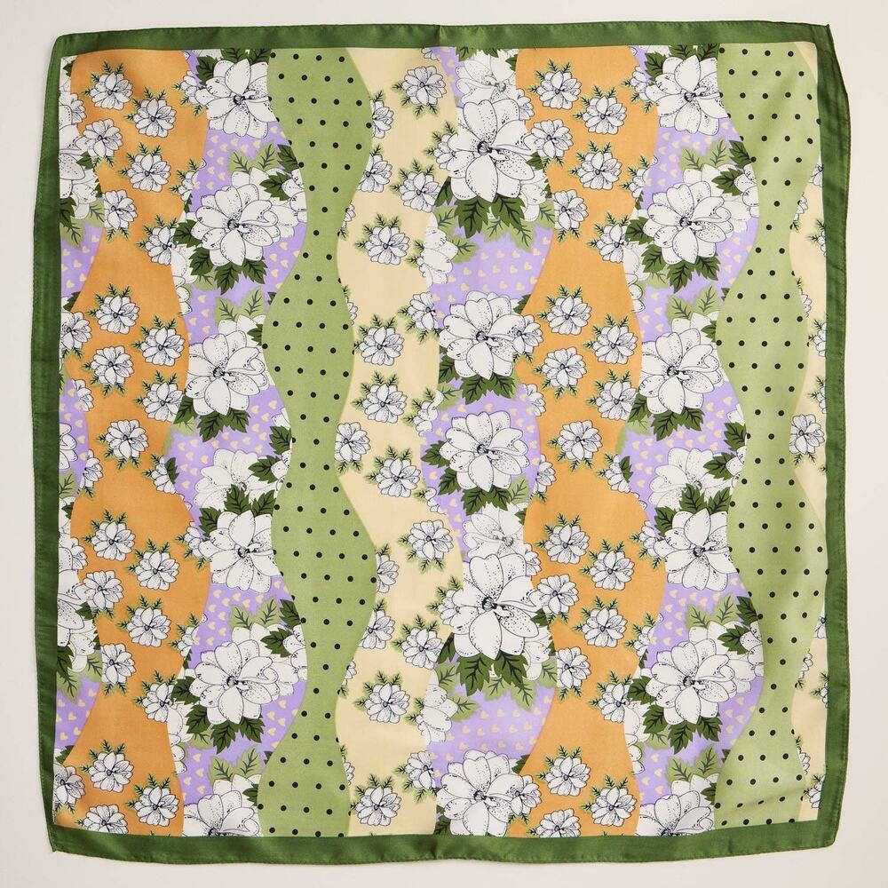 Retro Floral Square Scarf | Silk-Feel Fabric in Olive